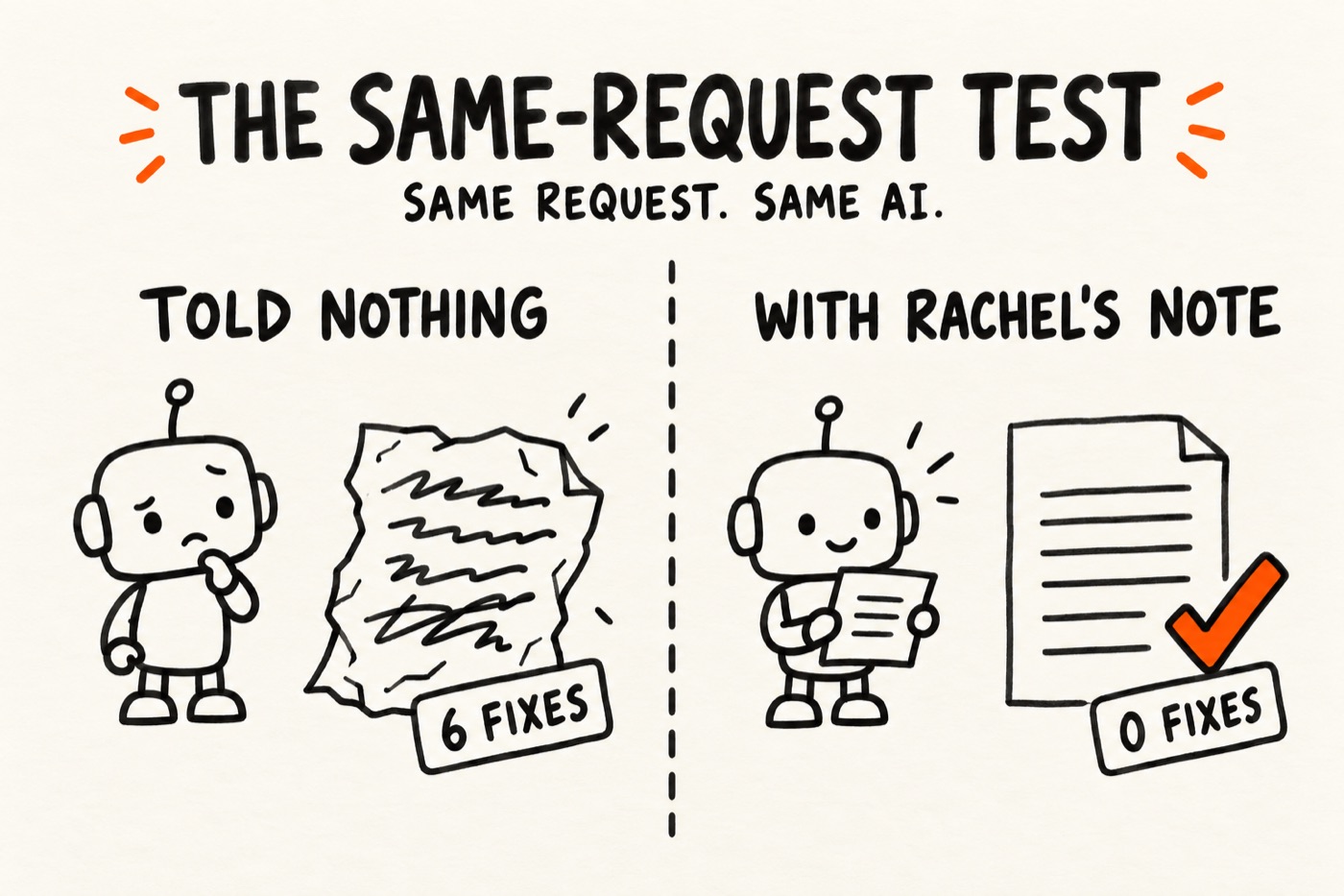 The same-request test: the same AI told nothing needs 6 fixes, and with a short note about the business needs none
